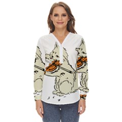 Cat Playing The Violin Art Zip Up Long Sleeve Blouse