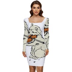 Cat Playing The Violin Art Women Long Sleeve Ruched Stretch Jersey Dress by oldshool