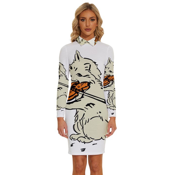 Cat Playing The Violin Art Long Sleeve Shirt Collar Bodycon Dress