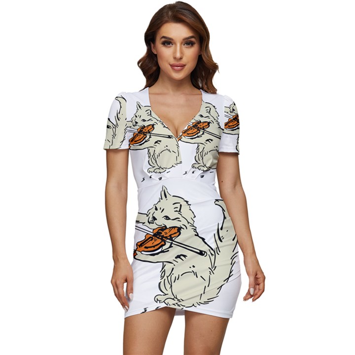 Cat Playing The Violin Art Low Cut Cap Sleeve Mini Dress