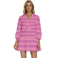 Pink Stripes Striped Design Pattern V-neck Placket Mini Dress