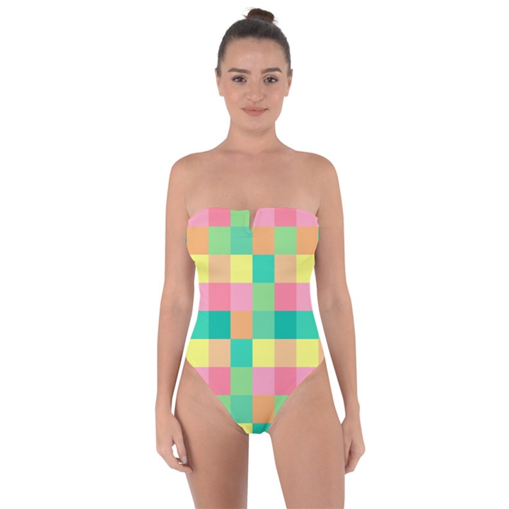 Checkerboard-pastel-squares- Tie Back One Piece Swimsuit