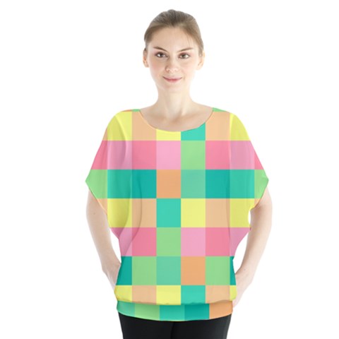 Checkerboard-pastel-squares- Batwing Chiffon Blouse by Semog4