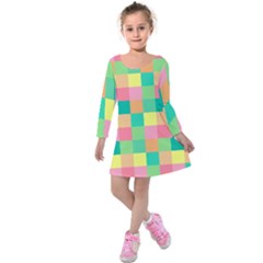 Checkerboard-pastel-squares- Kids  Long Sleeve Velvet Dress by Semog4