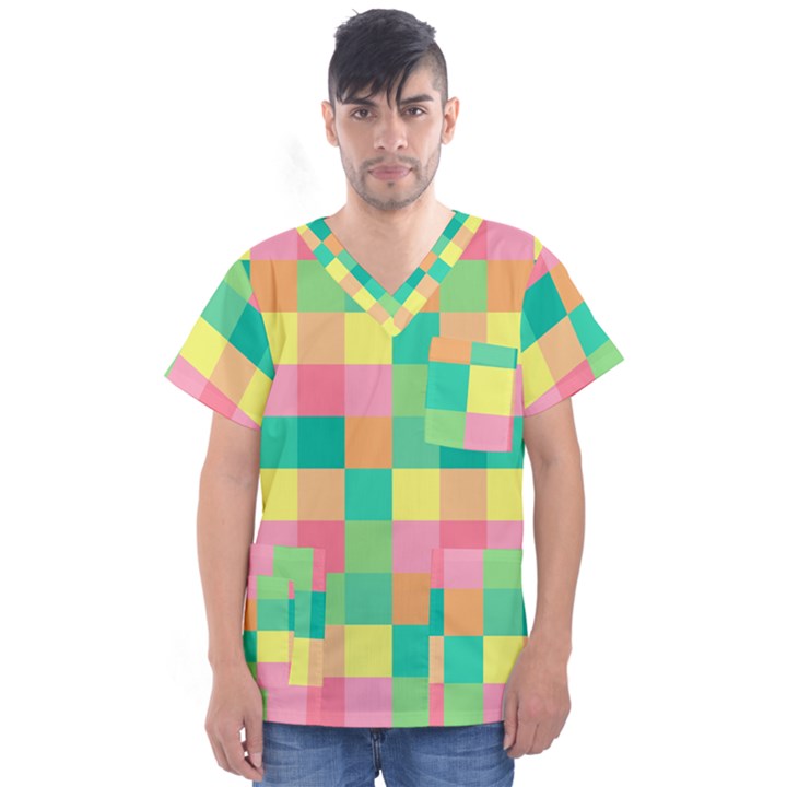 Checkerboard-pastel-squares- Men s V-Neck Scrub Top