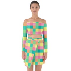 Checkerboard-pastel-squares- Off Shoulder Top With Skirt Set