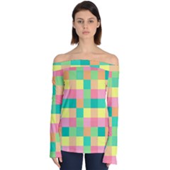 Checkerboard-pastel-squares- Off Shoulder Long Sleeve Top by Semog4