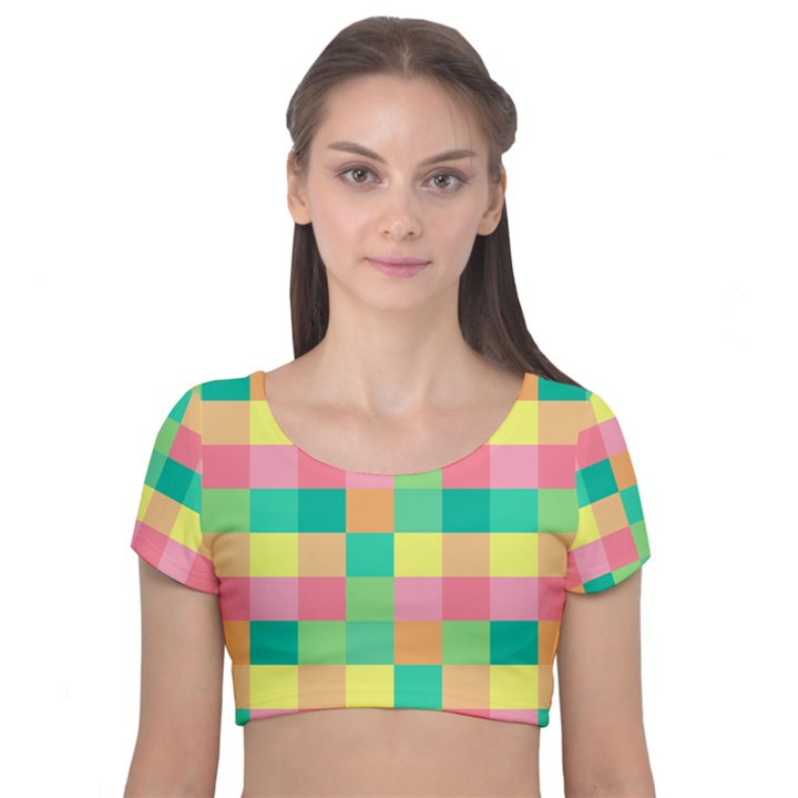 Checkerboard-pastel-squares- Velvet Short Sleeve Crop Top 