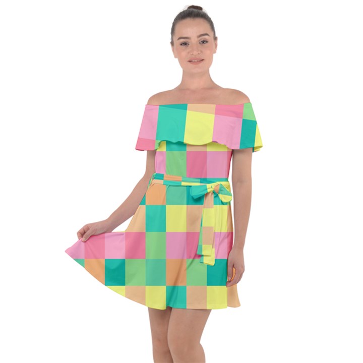 Checkerboard-pastel-squares- Off Shoulder Velour Dress