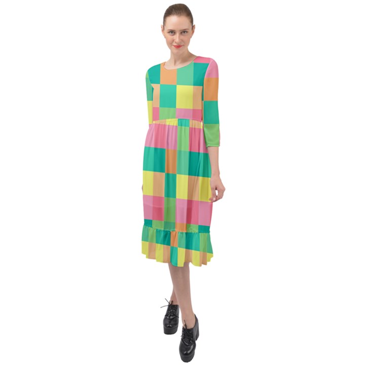 Checkerboard-pastel-squares- Ruffle End Midi Chiffon Dress