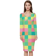 Checkerboard-pastel-squares- Long Sleeve V-neck Bodycon Dress  by Semog4