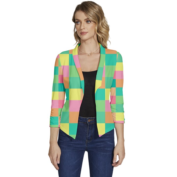 Checkerboard-pastel-squares- Women s Casual 3/4 Sleeve Spring Jacket