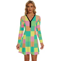 Checkerboard-pastel-squares- Long Sleeve Deep V Mini Dress  by Semog4