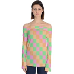 Checkerboard-pastel-squares Off Shoulder Long Sleeve Top by Semog4