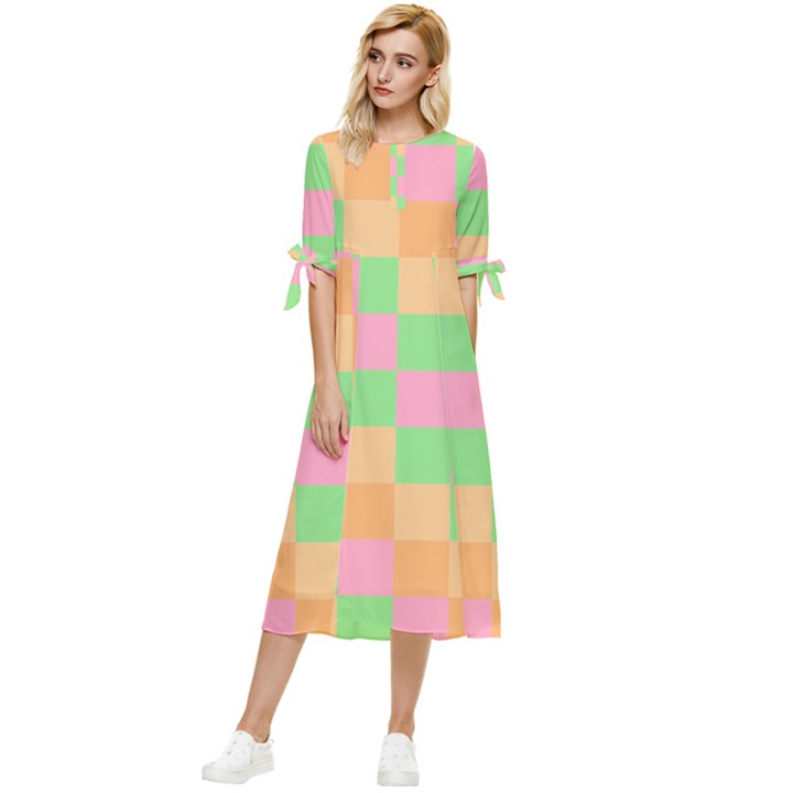 Checkerboard-pastel-squares Bow Sleeve Chiffon Midi Dress