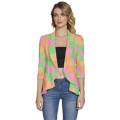 Checkerboard-pastel-squares Women s 3/4 Sleeve Ruffle Edge Open Front Jacket