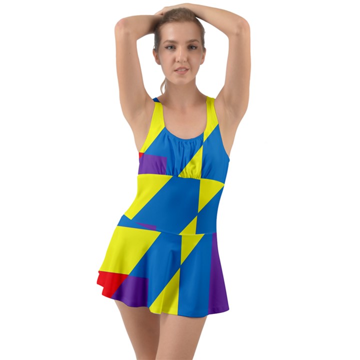 Colorful-red-yellow-blue-purple Ruffle Top Dress Swimsuit