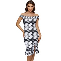 Pattern-monochrome-repeat Off Shoulder Ruffle Split Hem Bodycon Dress by Semog4