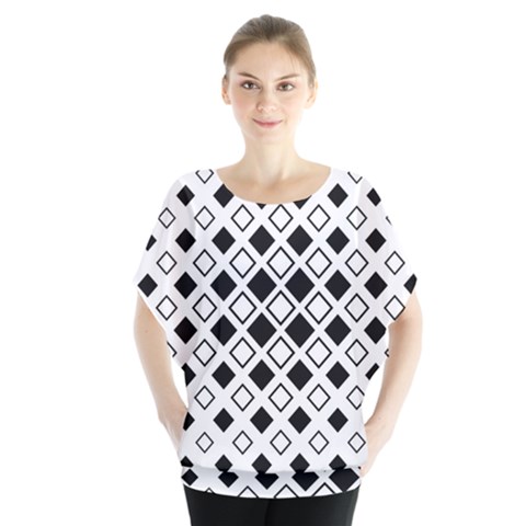 Square-diagonal-pattern-monochrome Batwing Chiffon Blouse by Semog4