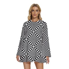 Background-pattern-halftone Round Neck Long Sleeve Bohemian Style Chiffon Mini Dress