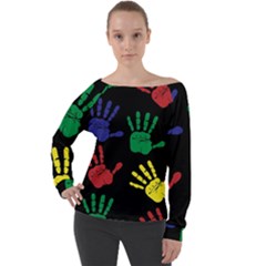 Handprints-hand-print-colourful Off Shoulder Long Sleeve Velour Top by Semog4