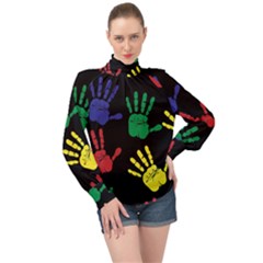 Handprints-hand-print-colourful High Neck Long Sleeve Chiffon Top by Semog4