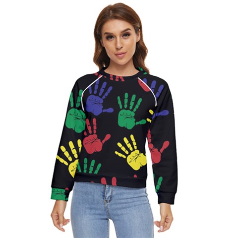 Handprints-hand-print-colourful Women s Long Sleeve Raglan Tee by Semog4