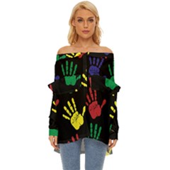 Handprints-hand-print-colourful Off Shoulder Chiffon Pocket Shirt by Semog4