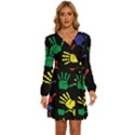 Handprints-hand-print-colourful Long Sleeve Waist Tie Ruffle Velvet Dress View1