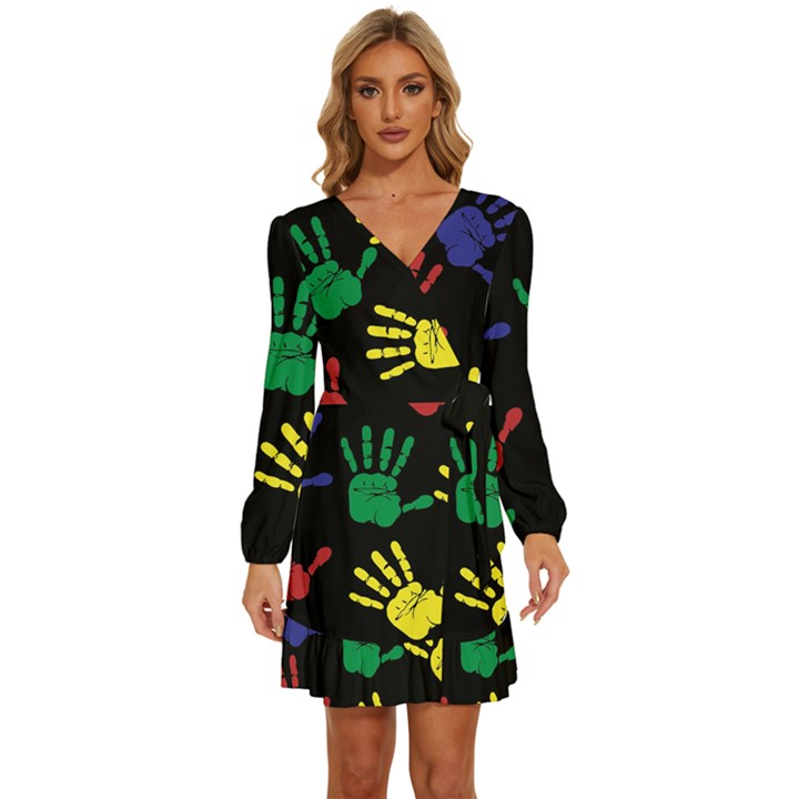 Handprints-hand-print-colourful Long Sleeve Waist Tie Ruffle Velvet Dress