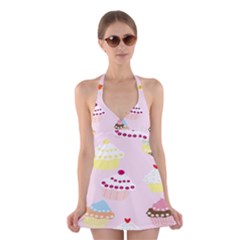 Cupcakes Wallpaper Paper Background Halter Dress Swimsuit  by Semog4