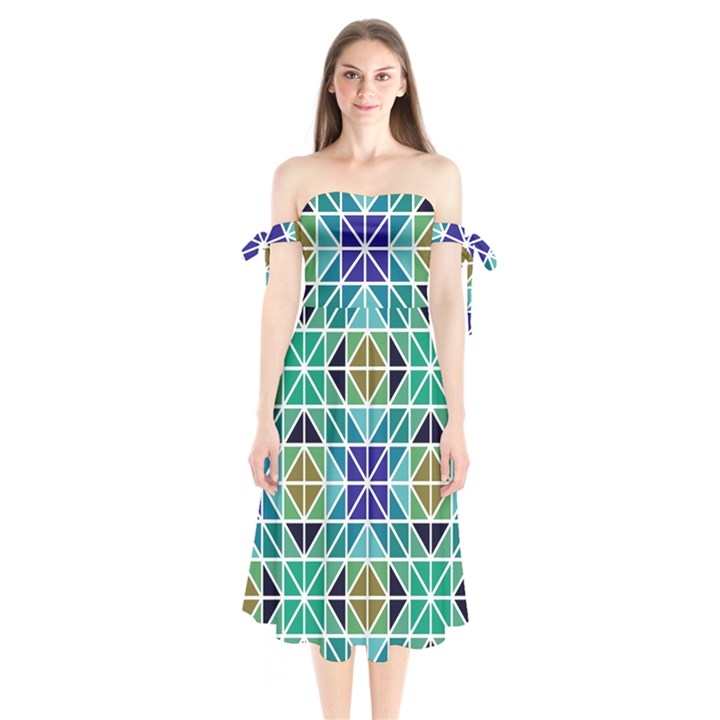 Mosaic-triangle-symmetry- Shoulder Tie Bardot Midi Dress