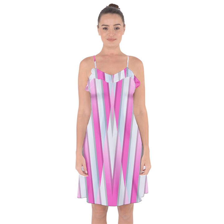 Geometric-3d-design-pattern-pink Ruffle Detail Chiffon Dress