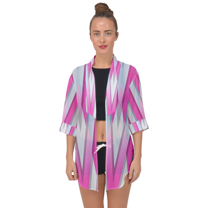 Geometric-3d-design-pattern-pink Open Front Chiffon Kimono