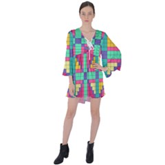 Checkerboard-squares-abstract--- V-neck Flare Sleeve Mini Dress by Semog4