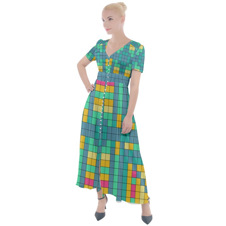 Checkerboard-squares-abstract- Button Up Short Sleeve Maxi Dress