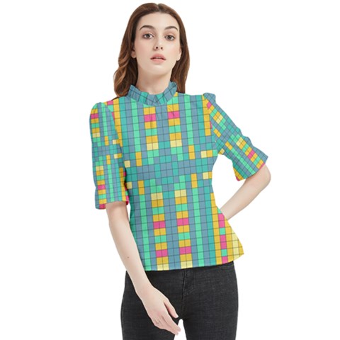 Checkerboard-squares-abstract- Frill Neck Blouse by Semog4