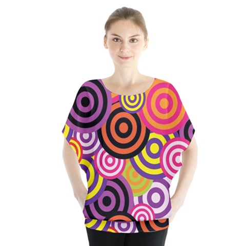 Abstract-circles-background-retro Batwing Chiffon Blouse by Semog4