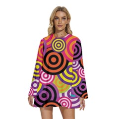 Abstract-circles-background-retro Round Neck Long Sleeve Bohemian Style Chiffon Mini Dress