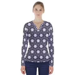 Geometric-floral-curved-shape-motif V-neck Long Sleeve Top by Semog4