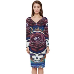 Grateful Dead Skull Rose Long Sleeve V-neck Bodycon Dress  by Semog4