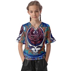 Grateful Dead Skull Rose Kids  V-neck Horn Sleeve Blouse by Semog4