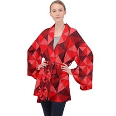 Red Diamond Shapes Pattern Long Sleeve Velvet Kimono  by Semog4