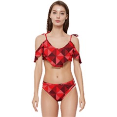 Red Diamond Shapes Pattern Ruffle Edge Tie Up Bikini Set	 by Semog4