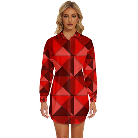 Red Diamond Shapes Pattern Womens Long Sleeve Shirt Dress by Semog4