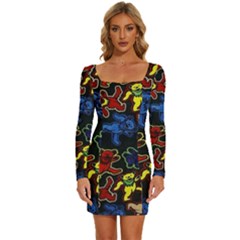 Grateful Dead Pattern Long Sleeve Square Neck Bodycon Velvet Dress