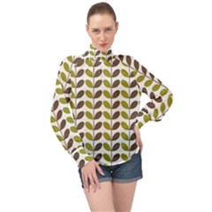 Leaf Plant Pattern Seamless High Neck Long Sleeve Chiffon Top by Semog4