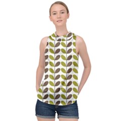 Leaf Plant Pattern Seamless High Neck Satin Top by Semog4