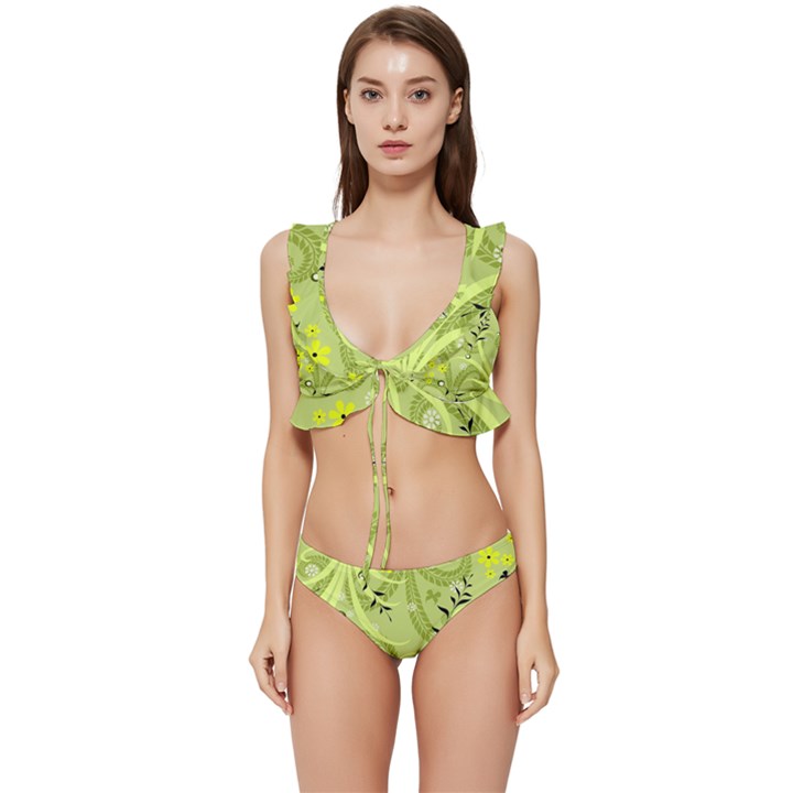 Seamless Pattern Green Garden Low Cut Ruffle Edge Bikini Set