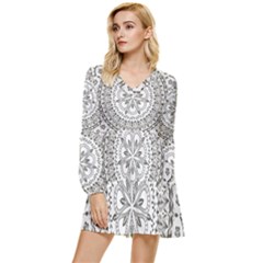 Vector Mandala Drawing Decoration Tiered Long Sleeve Mini Dress by Semog4